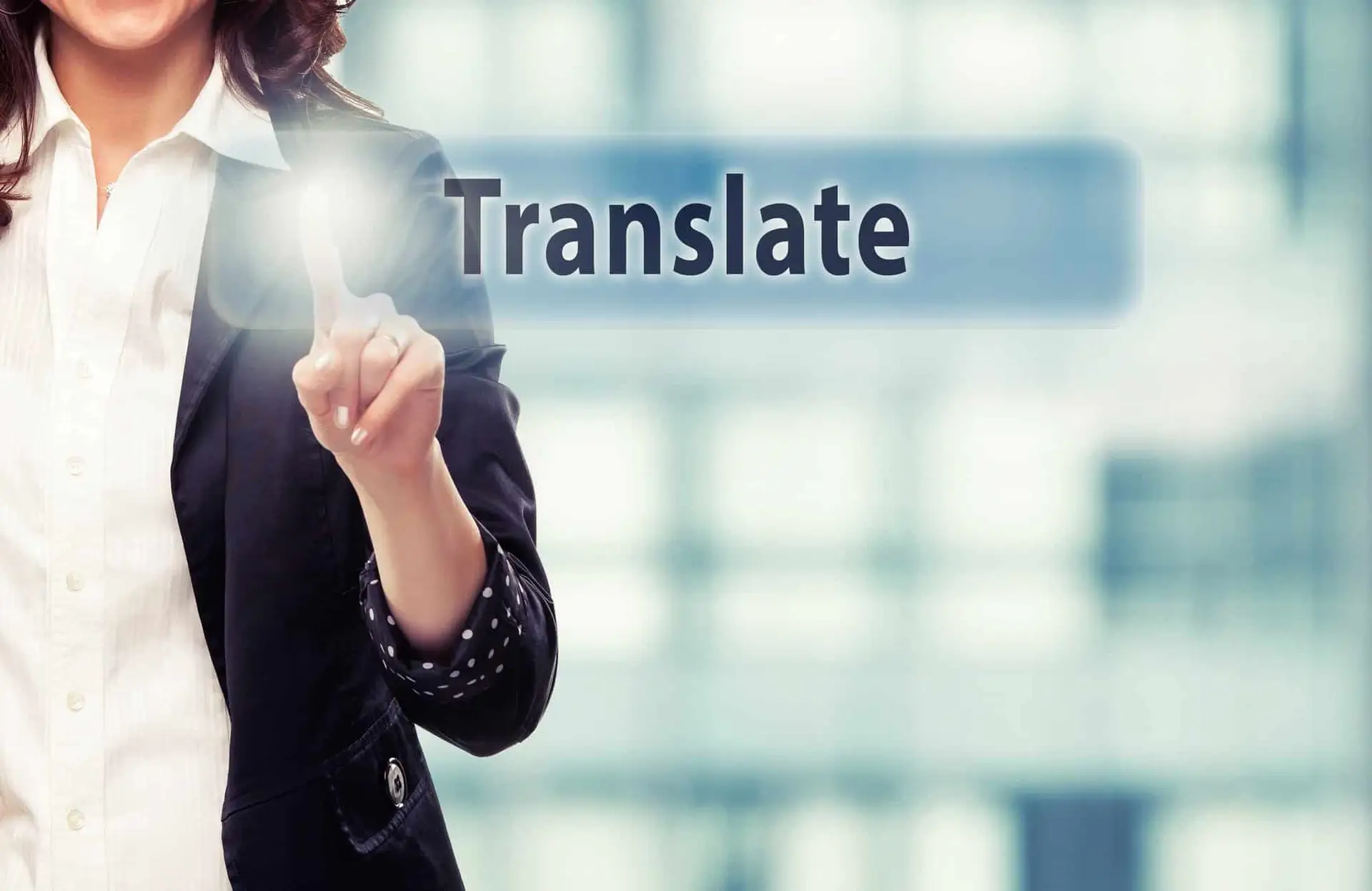 Businesswoman selecting a Translate option on a touchscreen interface