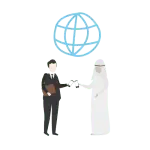Illustration of an Emirati client and a consultant shaking hands beneath a globe