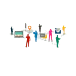 Illustration of people using laptops, email and chat across a world map