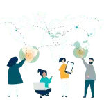 Illustration of people exchanging translated documents across a world map