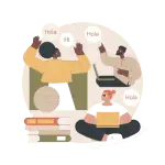 Illustration of three people greeting each other in different languages over laptops