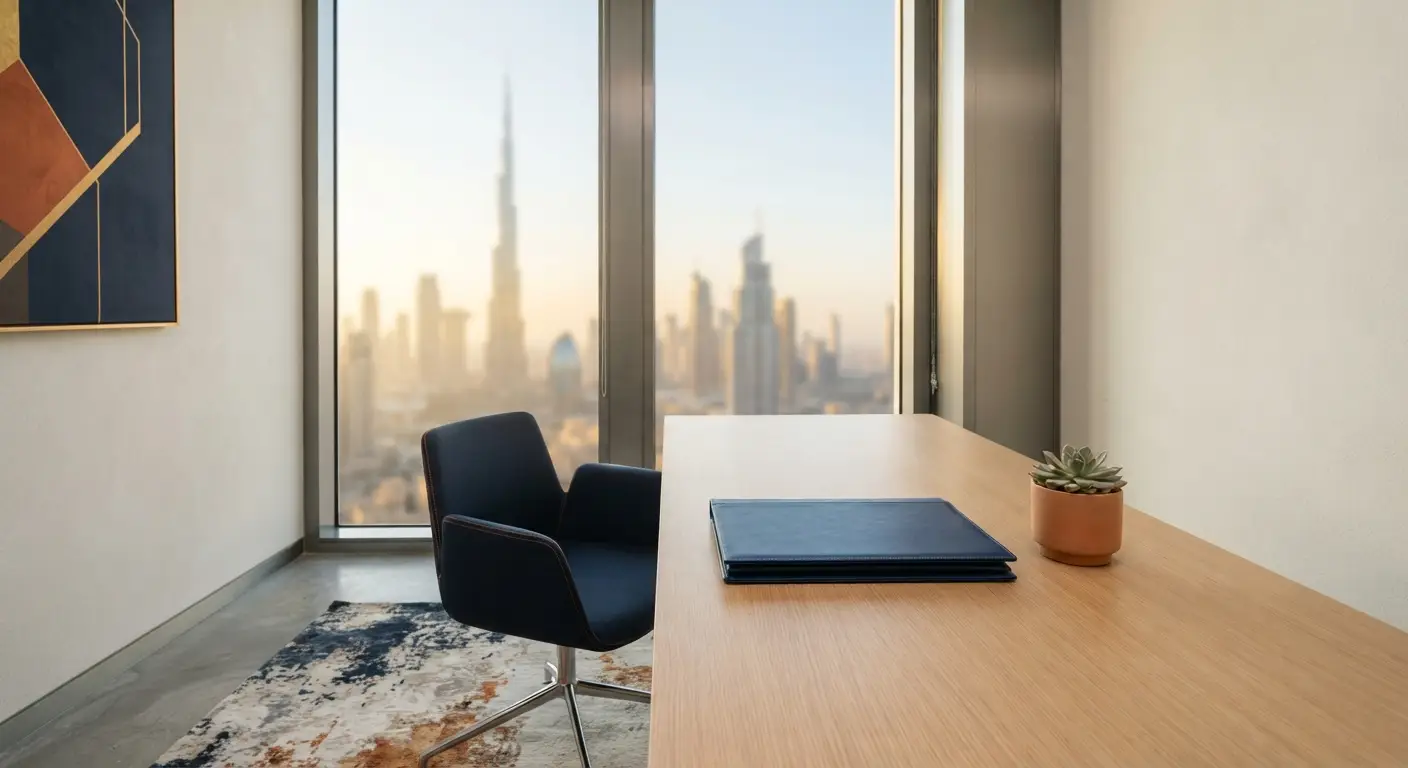 Office desk with a leather document folder overlooking the Dubai skyline — Mundo Legal Translation