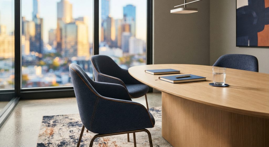 Meeting room set for an interpreted meeting, with notebooks and a city view — interpretation services in Dubai