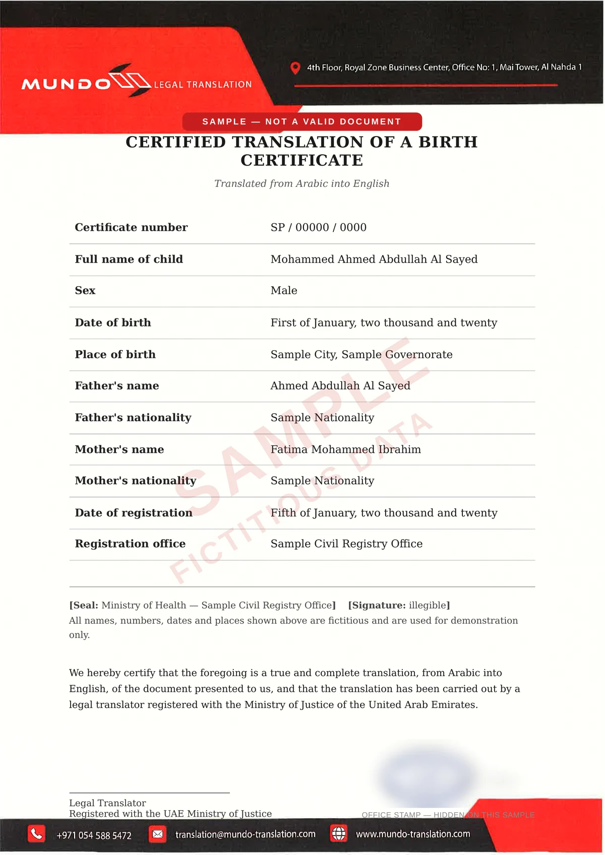 Sample certified translation of a birth certificate on Mundo letterhead — fictitious data, office stamp hidden