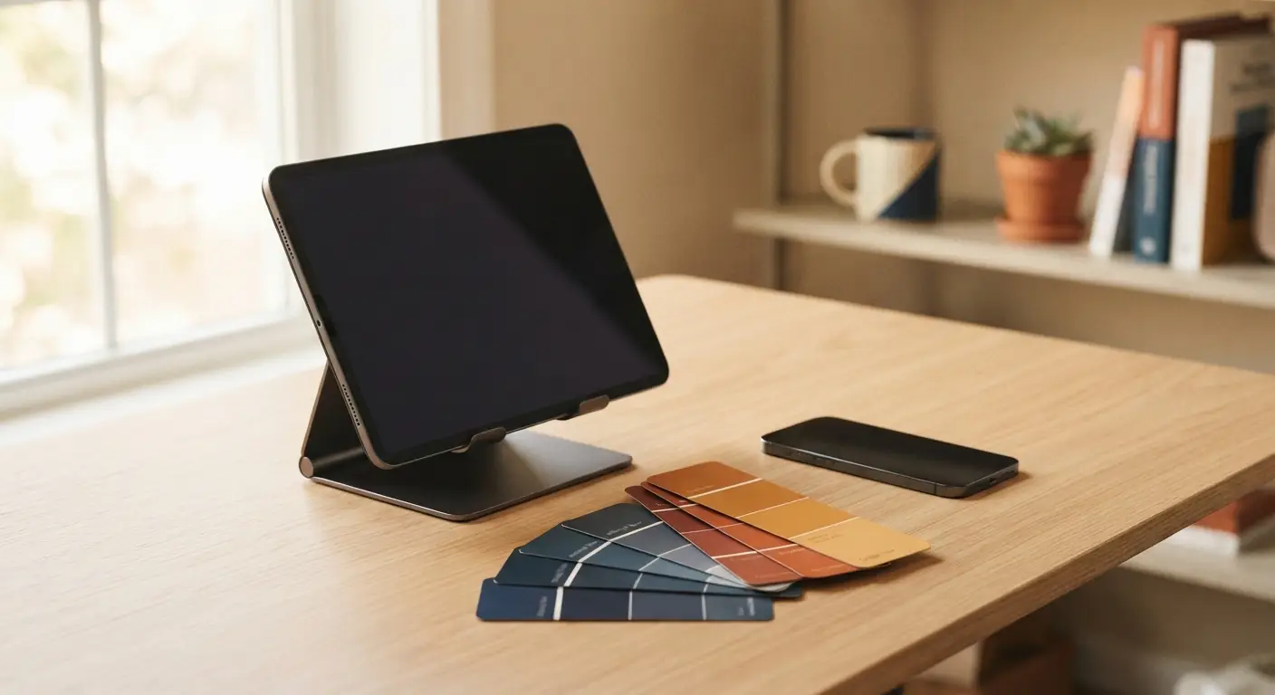 Tablet and colour swatch cards on a designer's desk — Arabic localization for the UAE market