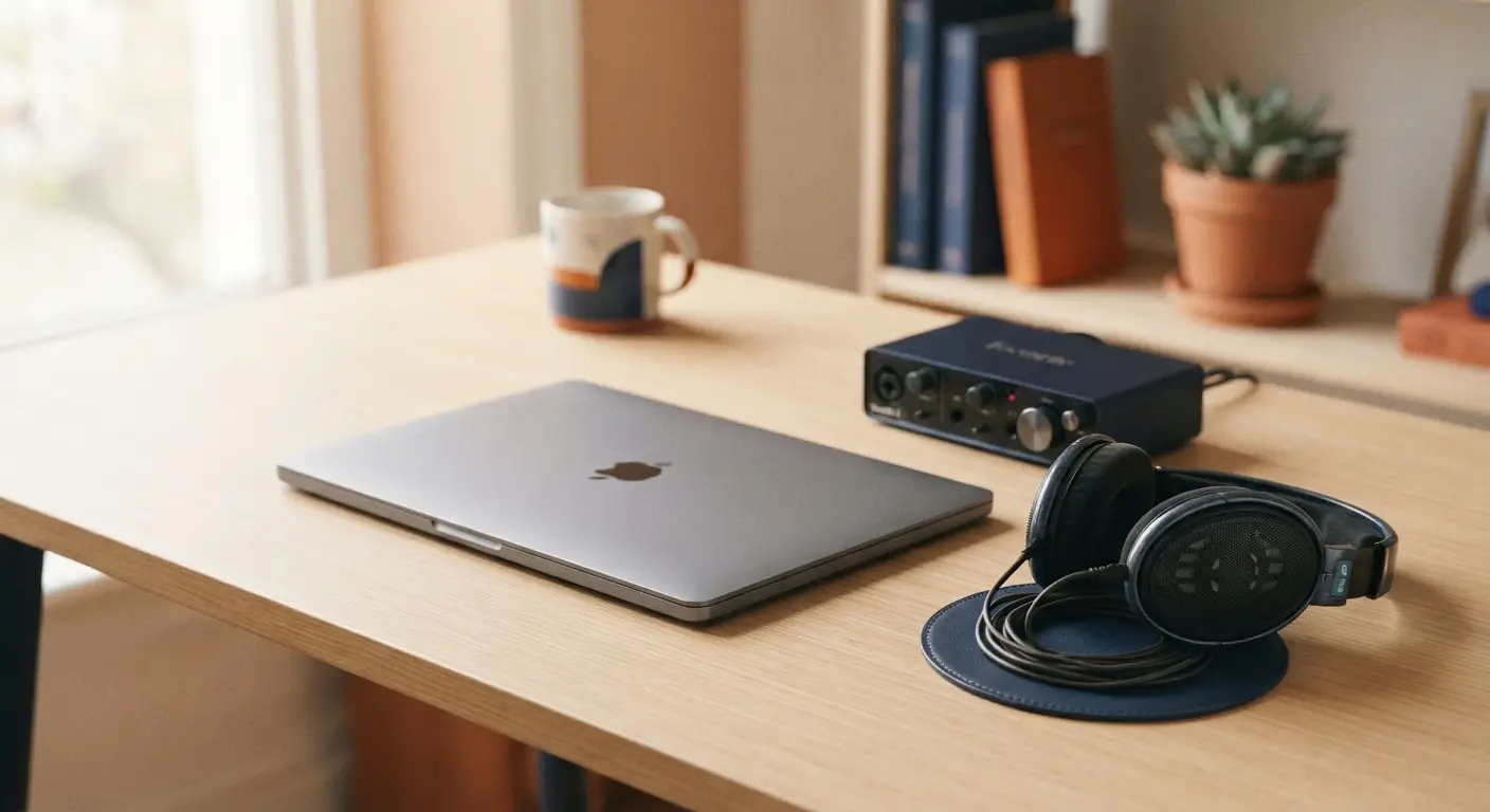 Headphones, audio interface and laptop on a desk — transcription and subtitling services in Dubai