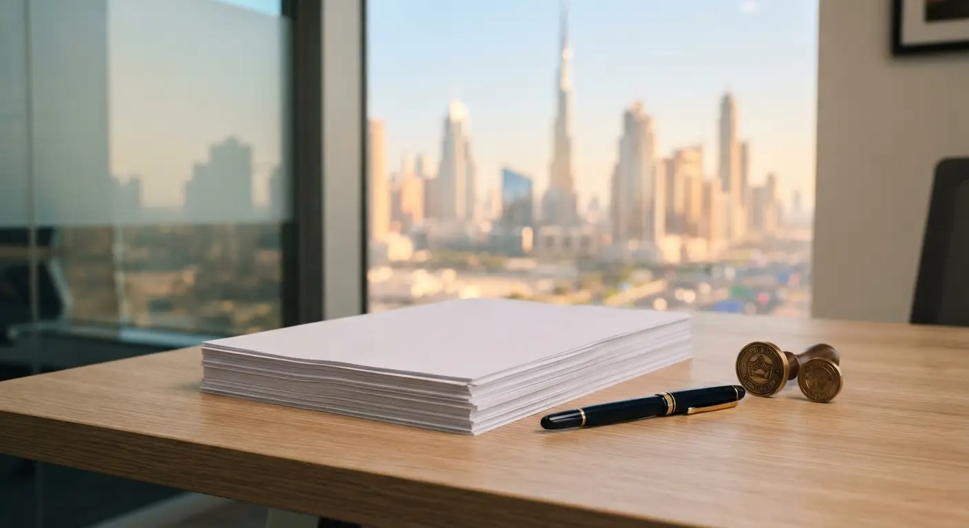 Documents, a pen and official stamps on a desk overlooking the Dubai skyline — certified legal translation in Dubai