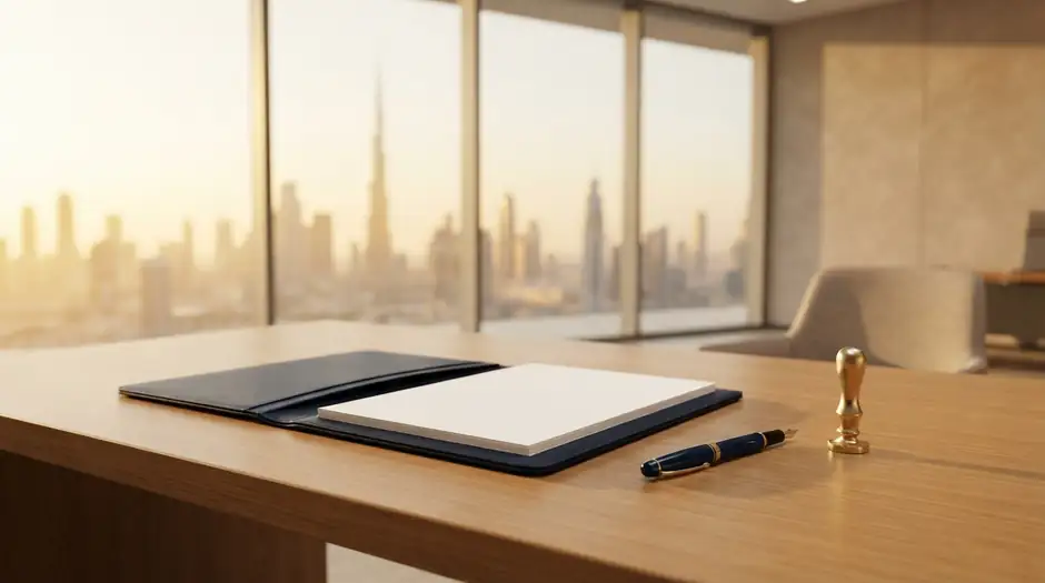 Certified legal translation in Dubai — leather document folder, fountain pen and brass stamp on a desk overlooking the Dubai skyline