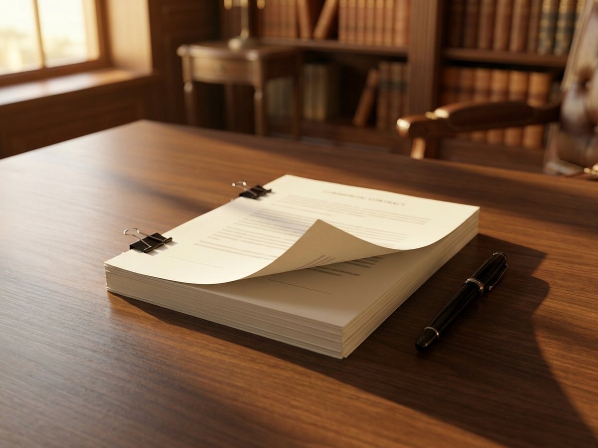 A bound commercial contract held with black binder clips, a fountain pen beside it