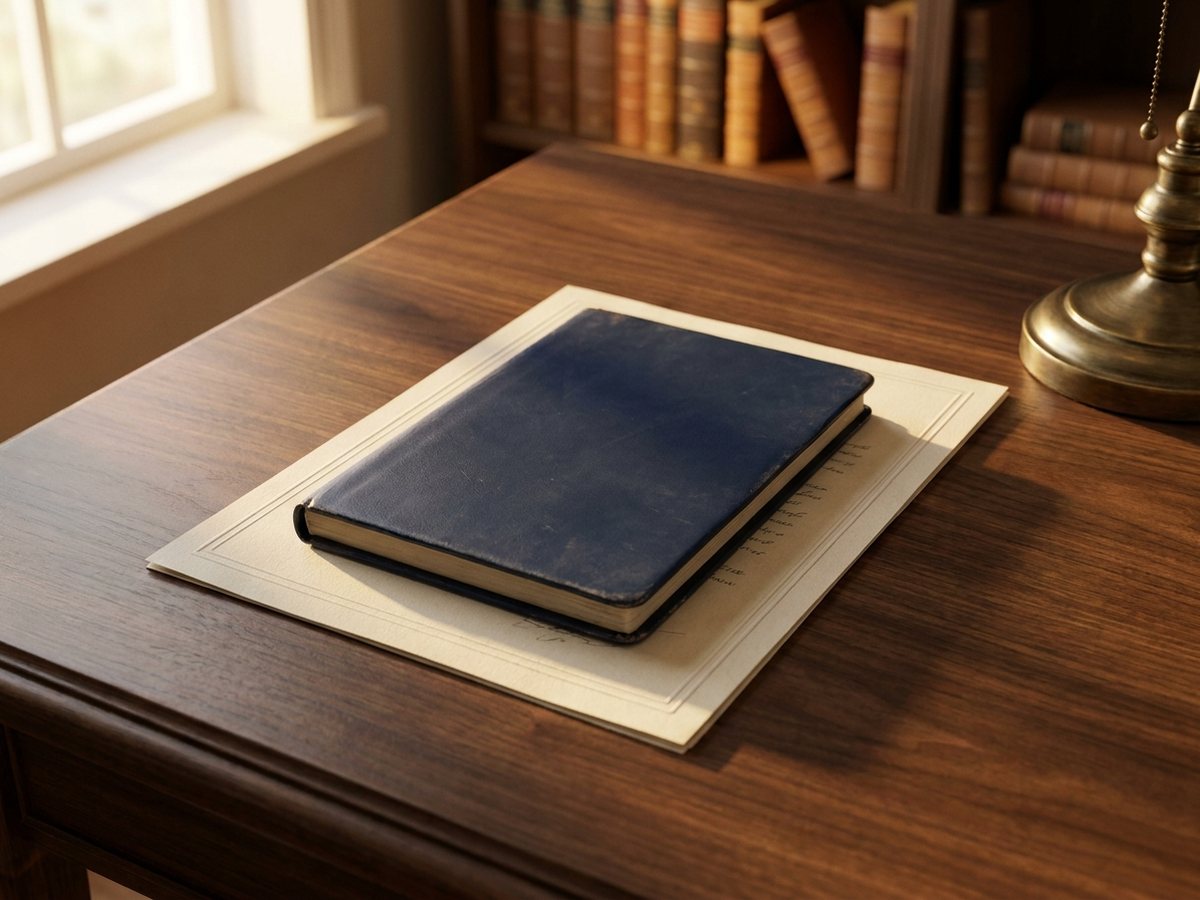 A passport-style booklet on a certificate, on a walnut desk in warm evening light
