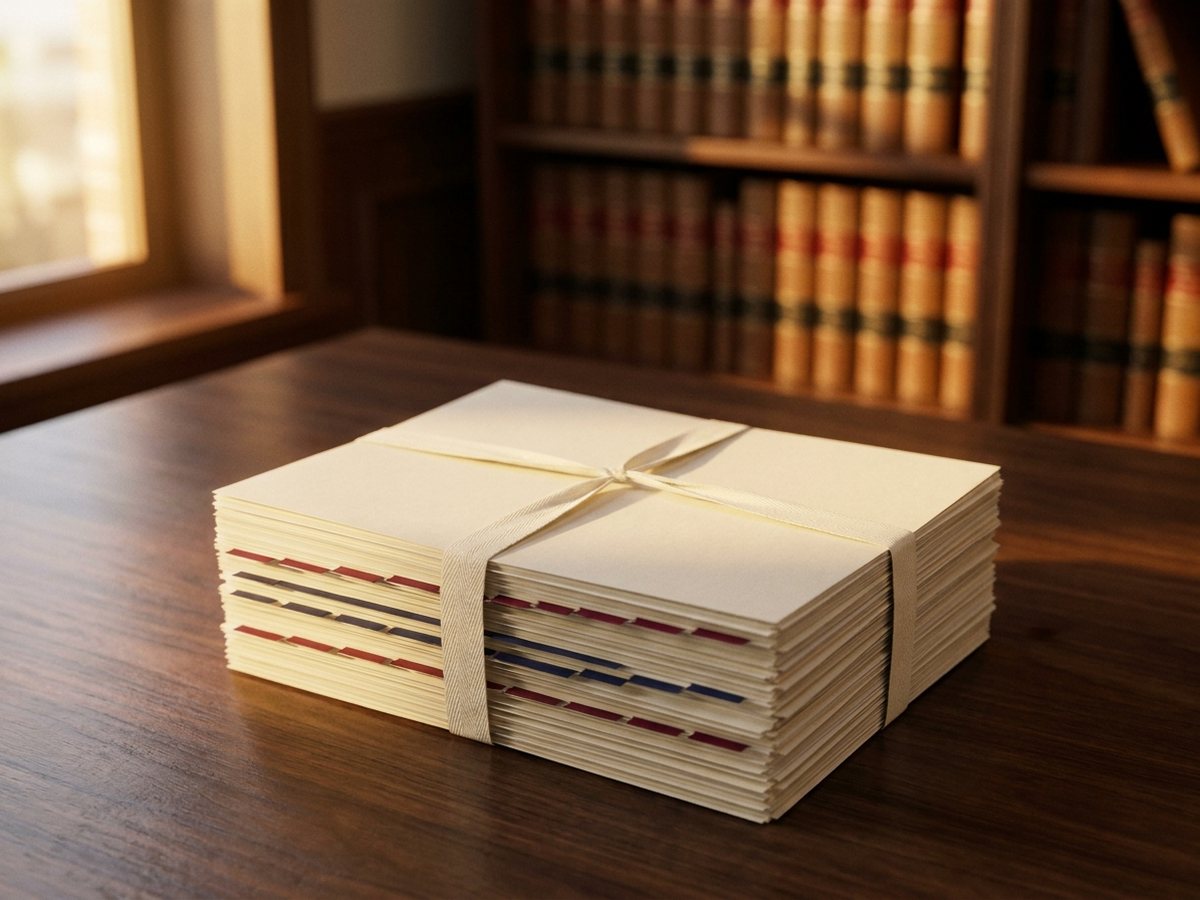 A court bundle with index tabs, tied with legal tape, on a walnut desk